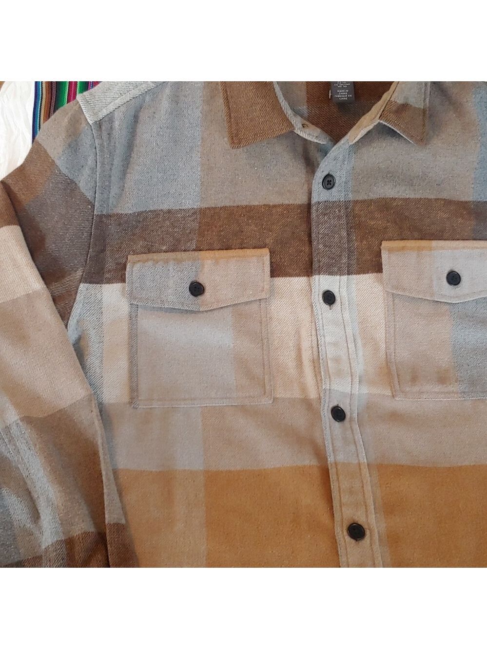 Men's Plaid Polyester Blend Button Shirt Brown, Tan, XL - Picture 14 of 15
